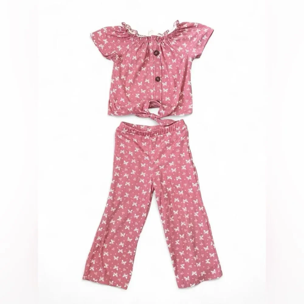Heart & Arrow 2T Toddler Girls Pink Butterfly Ribbed Top & Pants Outfit Set